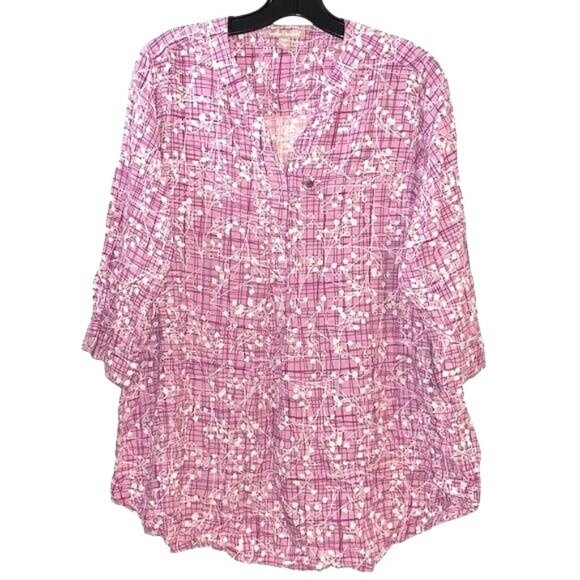 Women Within Tops - Womens 3/4 Sleeve Pink Button-Up Tunic Top By Women Within Size 18/20 Floral Pla